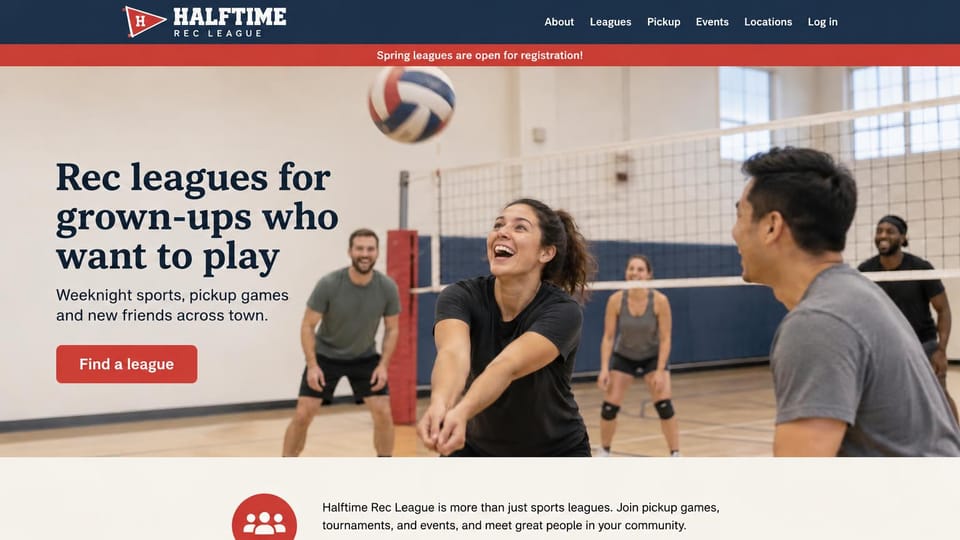 Sports team website design, adult rec league for weeknight games: navy header and a red notice bar over a photo of adults playing volleyball in a gym, a dark serif headline, a red button and a cream section below
