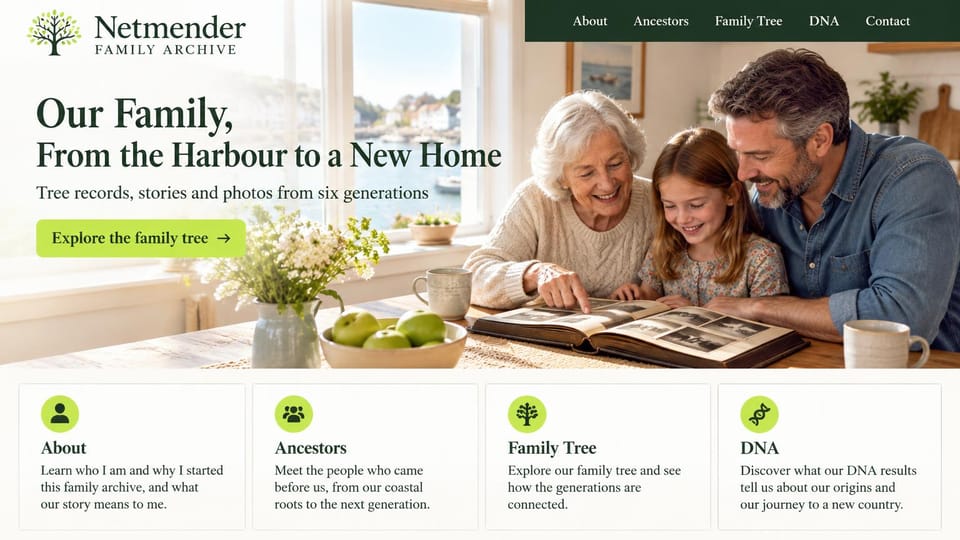 Genealogy website design, family archive with today's family on the front: white and green page, dark green headline, a lime tree button, a grandmother, girl and father looking at an album by a harbor window, four icon cards