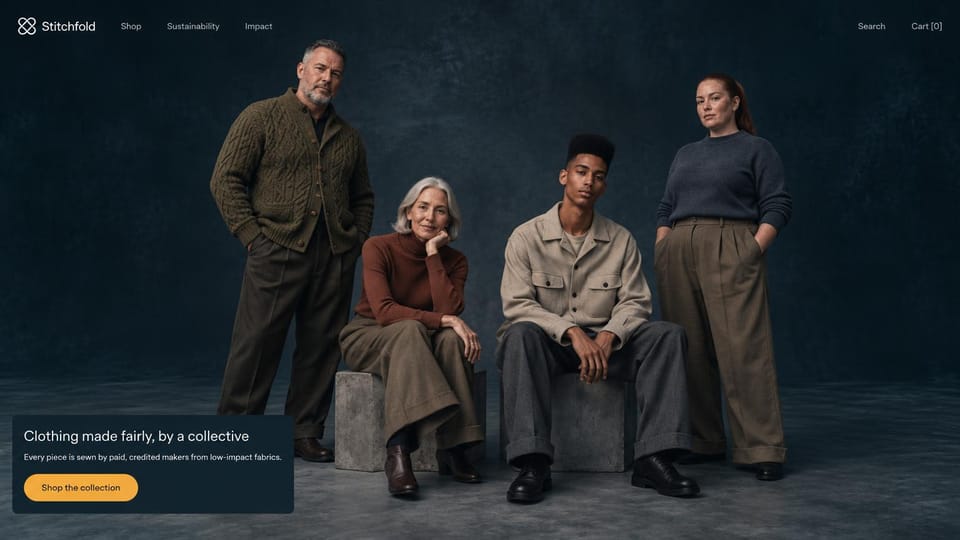 Fashion website design, collective-made knitwear on four models: dark navy studio, four models of different ages in knitwear and wool trousers, a dark headline box and a yellow button
