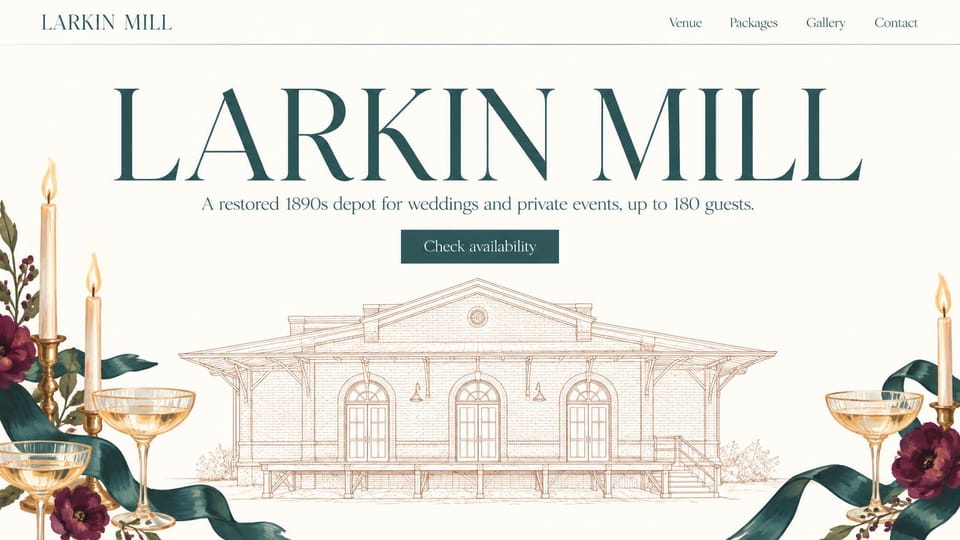 One page website design, wedding venue with an engraved building: cream page, large teal serif name, an engraved drawing of a historic depot framed by candles, flowers and glasses