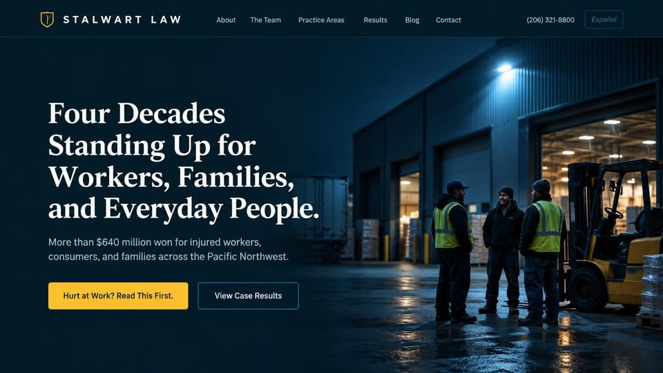 Law firm website design, workplace injury, clients over lawyers: navy and gold, warehouse workers and a forklift at night beside a bold serif headline