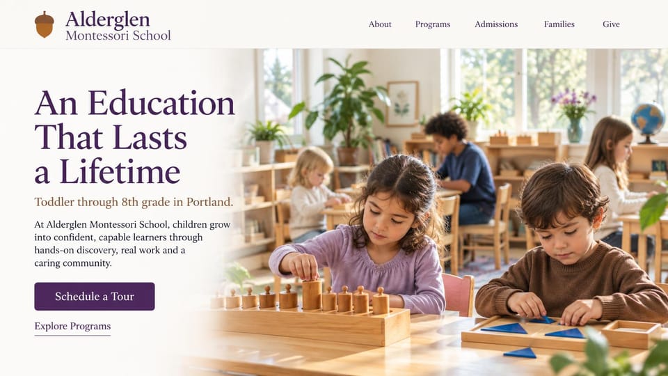 School website design, montessori school with plum serif type: white page, a plum serif headline, children working with wooden cylinders and shapes in a bright classroom, a plum tour button