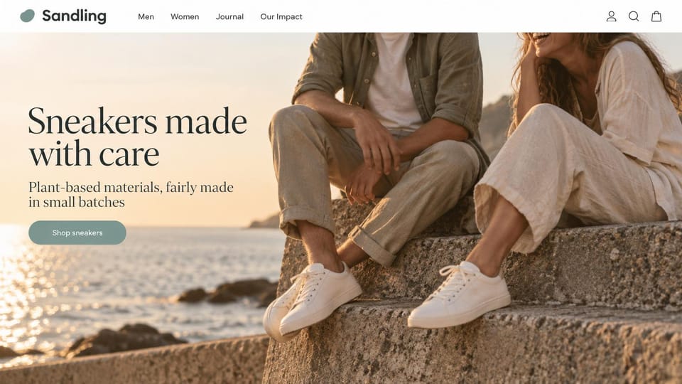Fashion website design, sneakers on a seaside wall at sunset: close crop of a couple on a seaside stone wall at sunset in linen and plain white sneakers, a white headline and a sage pill button