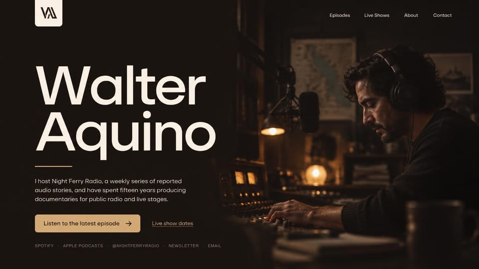 Podcast website design, radio host's personal site: dark brown studio, a huge cream name, a man in headphones at a mixing desk and a tan button