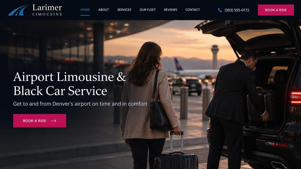 Car rental website design, airport limo and black car with a curbside pickup: dark navy header, a white serif headline over a dusk airport curb, a chauffeur loading a suitcase into a black SUV as a traveler walks up, a magenta book button