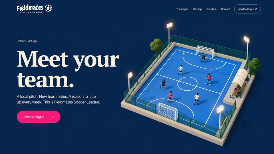 Sports team website design, adult soccer league with an illustrated pitch: dark navy page, a cream serif headline and a pink button beside an illustration of a floodlit blue five-a-side pitch