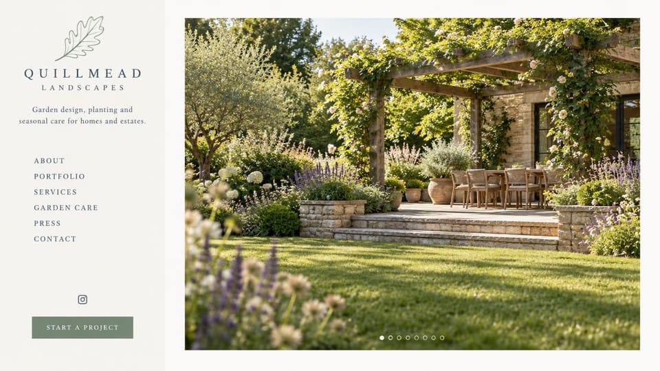 Landscaping website design, garden design with a side menu: a narrow cream sidebar with an oak leaf logo and serif menu beside a large photo of a pergola terrace and lawn