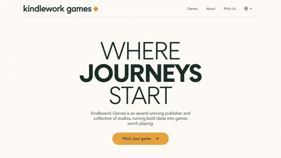Gaming website design, games publisher with a pitch button: cream page, a huge dark green headline mixing thin and heavy capitals, a short intro and a rounded orange pitch button