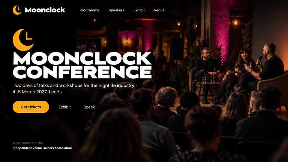 Event website design, nightlife industry conference in a dark club: dark venue with pink lights and a panel of three speakers on stools, an amber moon logo, huge white capitals and an amber tickets button