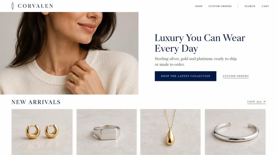 Jewelry website design, everyday fine jewelry with a new arrivals row: white page, spaced navy wordmark with a leaf mark, a woman in a cream sweater wearing a fine chain and stacked gold rings, navy serif headline and button, four product photos of hoops, a signet, a pendant and a cuff