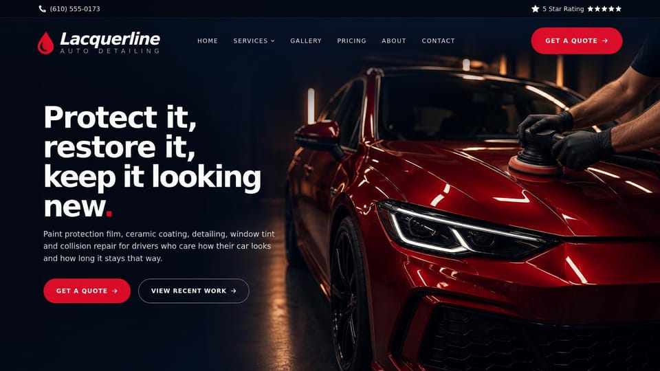 Car detailing website design, paint protection and repair shop with a red car: dark navy page, a bold white headline, a red quote button and an outlined work button, a technician polishing a glossy red car in a dark shop