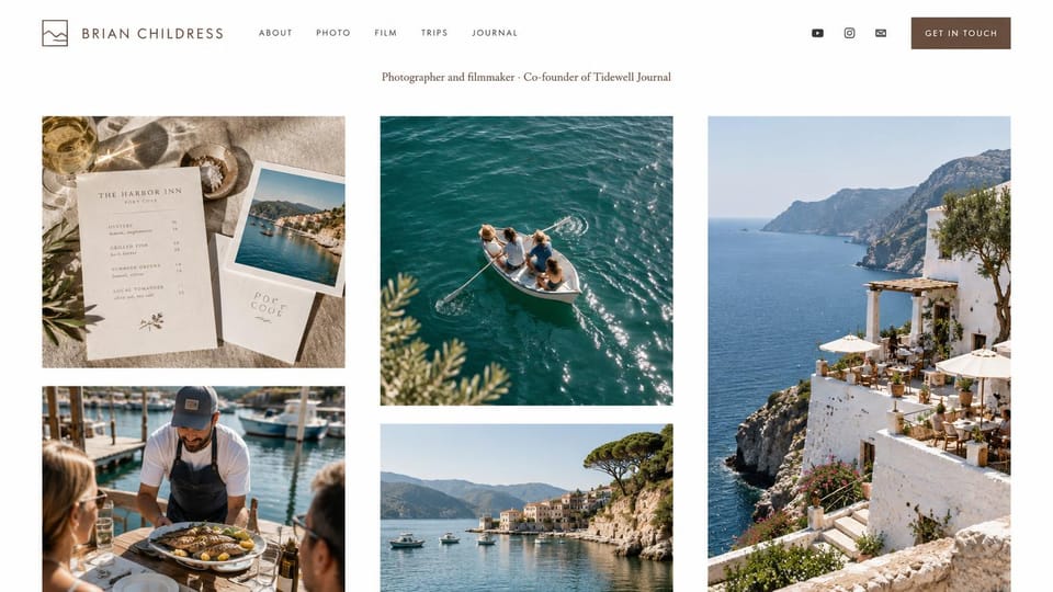 Photography website design, travel and food in a Mediterranean grid: white page with brown accents, a grid of Mediterranean coast, boat and dining photos