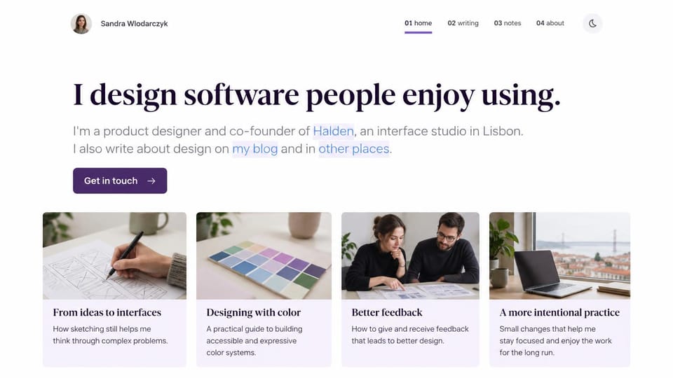Personal website design, designer with writing cards: white page, a large serif headline and purple button above four lavender article cards with photos