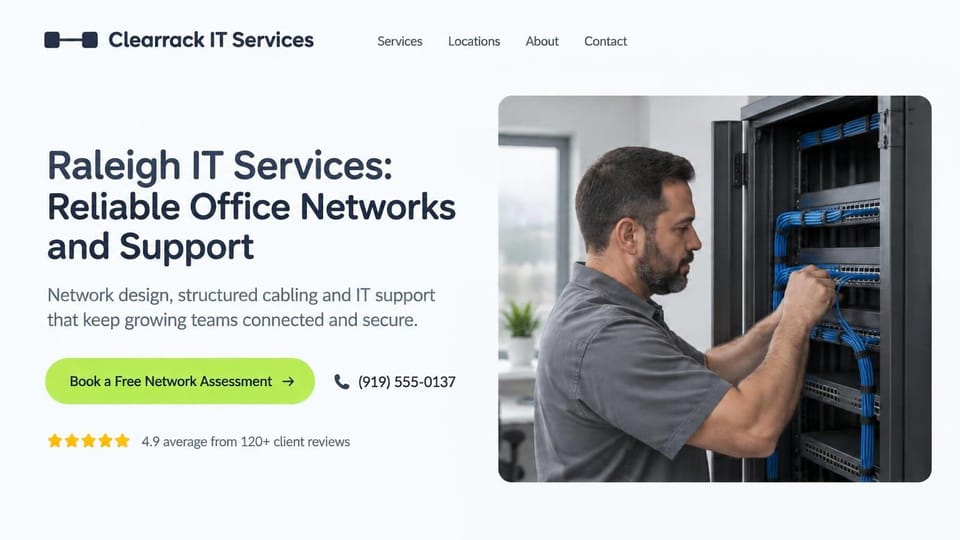 IT company website design, office networks and cabling, bright and plain: white page, large charcoal headline, lime assessment button and phone number, a five-star rating line, a technician cabling a rack in a rounded photo