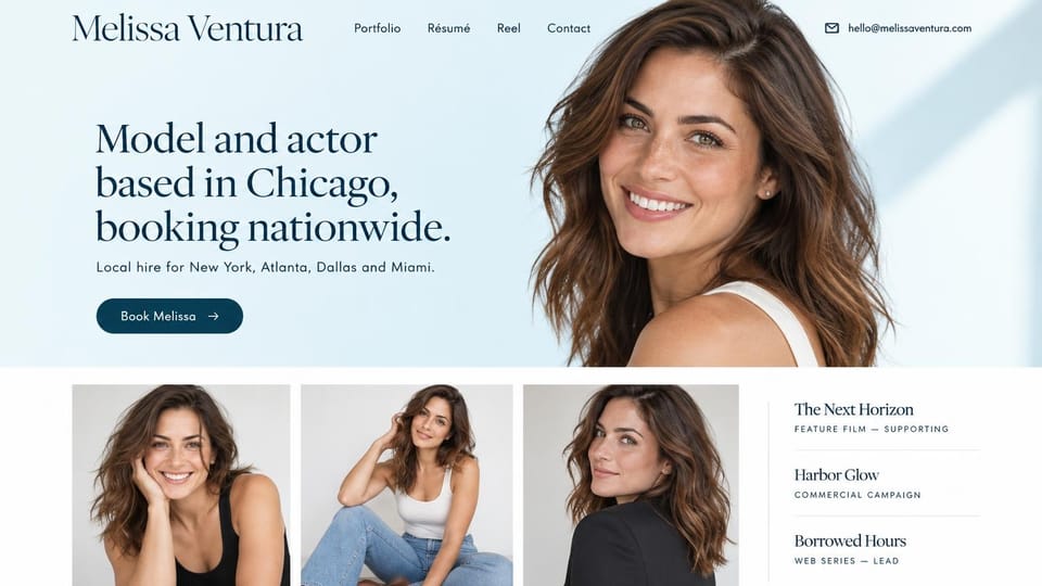 Model portfolio website design, model and actor with a credits list beside three portraits: pale sky blue hero with a smiling woman with long wavy brown hair, a large navy serif headline and a dark navy pill button, above three light studio portraits and a stacked credits list