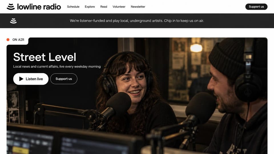 Radio station website design, listener-funded radio with a support banner: white header and a charcoal support strip over a dark studio photo of two hosts laughing at microphones, white headline with listen and support buttons