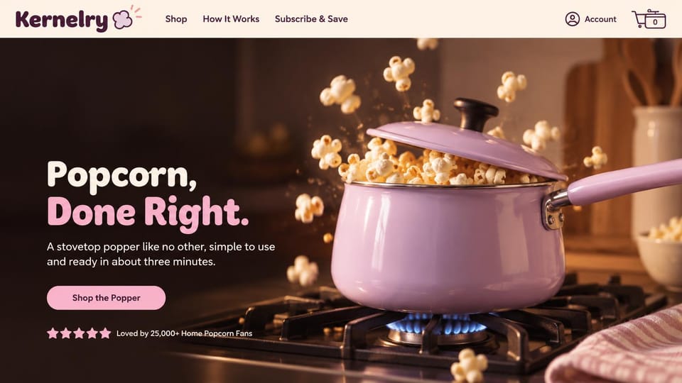 Landing page website design, cookware product with a playful action shot: dark brown kitchen photo, popcorn bursting from a pink stovetop pot on a gas burner, a cream and pink rounded headline, a pink shop button and a star rating