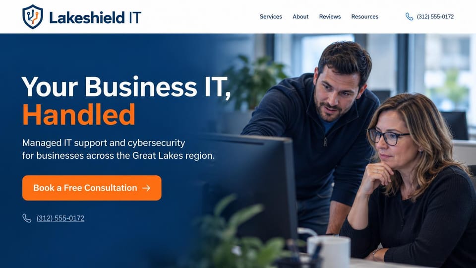 IT company website design, regional IT support with a short, bold promise: white header, a deep blue hero, white and orange headline, orange consultation button and a phone link, a technician helping a woman at a computer