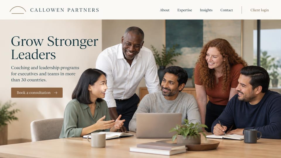 Consulting website design, leadership development firm with a team photo: cream header, a deep teal serif headline, a brown consultation button and a photo of five smiling colleagues around a table