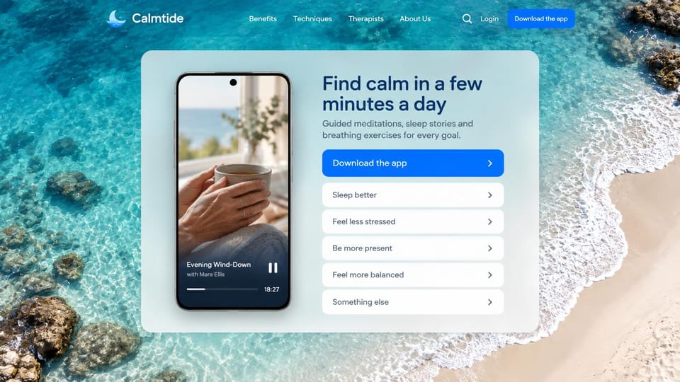 Mobile app website design, meditation app with a menu of goals: turquoise water from above, a white card with a phone, headline, a blue button and a list of goals