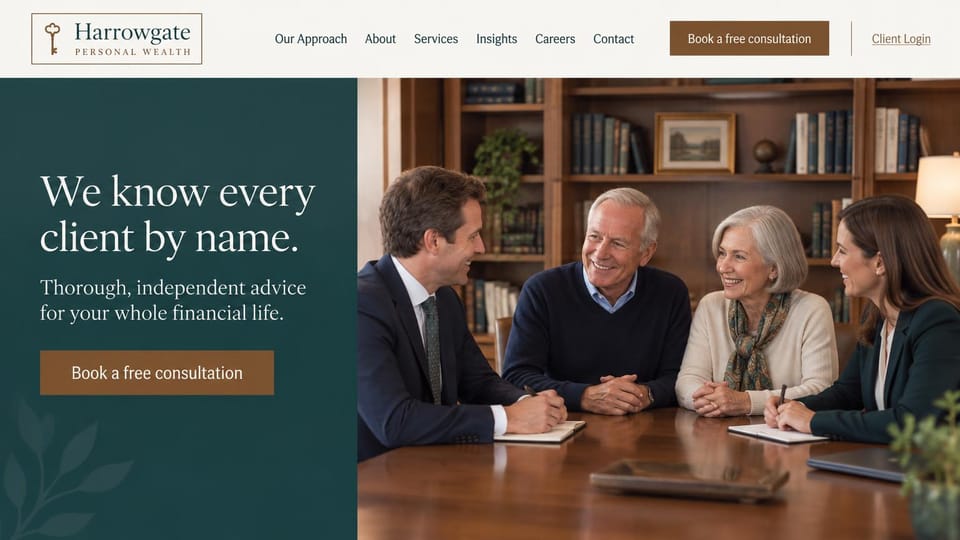 Financial advisor website design, wealth management in a wood-paneled library: deep teal panel with a white serif headline and brown button beside advisors meeting an older couple in a library