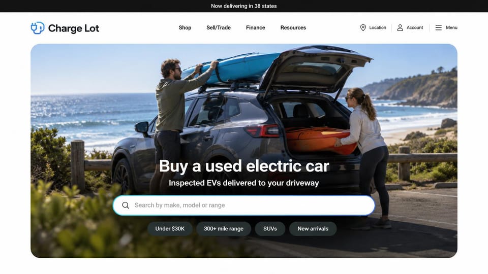 Car dealership website design, used electric cars delivered to the door: white page, rounded photo of a couple loading kayaks into an electric SUV by the coast, centered search bar and dark filter chips