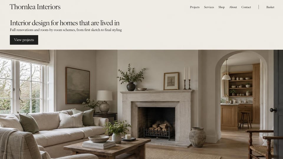 Interior design website design, lived-in homes with the headline above the photo: linen header with a dark serif headline and black button above a wide living room with a stone fireplace and a glimpse of an oak kitchen