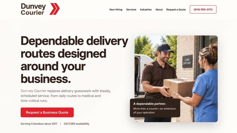 Logistics website design, scheduled route courier with a clinic handoff: off-white page, large dark brown headline, a rounded photo of a courier in a brown polo handing a box to a nurse in scrubs at a clinic door, a dark brown caption card, red quote button and outlined red phone button