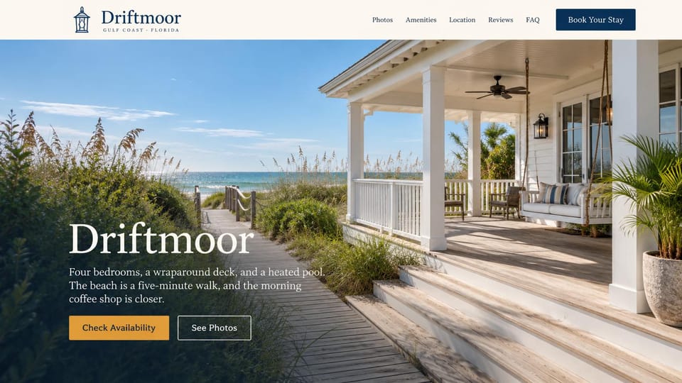 Vacation rental website design, beach house with a boardwalk to the sand: cream header with a lantern logo and navy button, a white porch looking down a boardwalk through the dunes, large white serif name, gold and outlined buttons