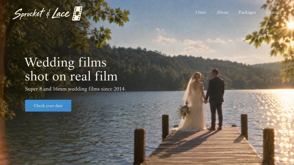 Videographer website design, wedding films shot on Super 8 and 16mm: grainy sunlit photo of a bride and groom holding hands on a lakeside dock, white script logo with a film strip, white serif headline, blue date button