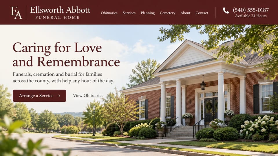 Funeral home website design, brick funeral home and cemetery in burgundy: burgundy header with a monogram and phone number, a sunlit red-brick funeral home with a white columned porch, a burgundy serif headline and button
