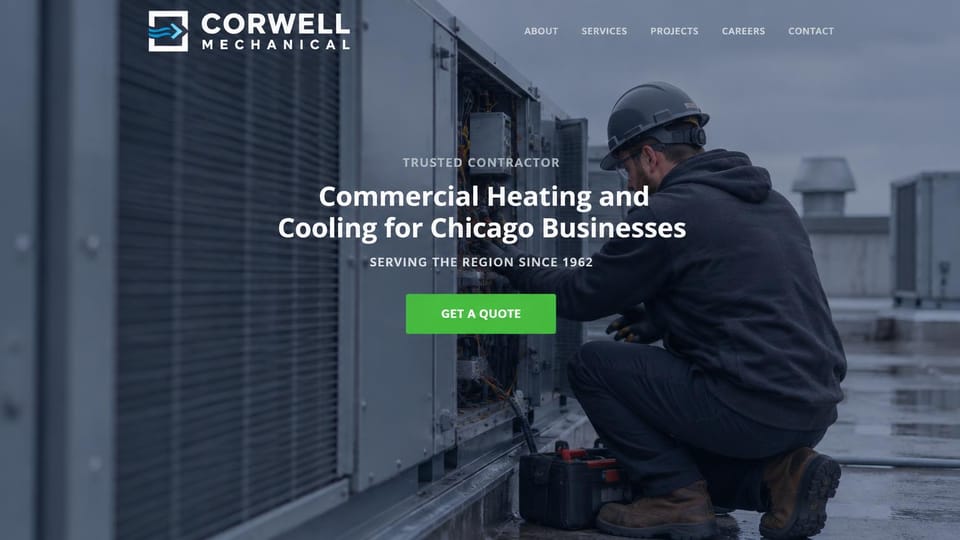 Contractor website design, commercial HVAC in steel gray: steel gray photo of a technician at a rooftop unit, a centered white headline and a green button
