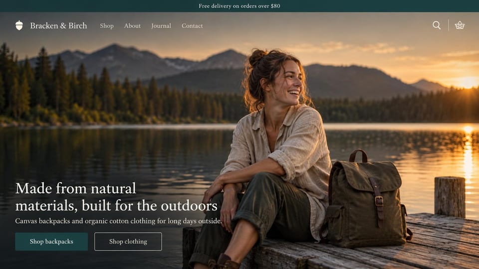 Fashion website design, outdoor bags and clothing at a mountain lake: teal top bar, a smiling woman on a lake dock beside a waxed canvas backpack at sunset with mountains behind, a white serif headline and two buttons