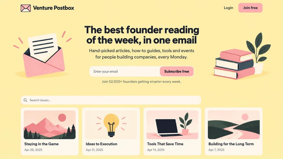 News and magazine website design, weekly founder newsletter with illustrated issue cards: pale yellow page, a pink envelope logo and buttons, a bold black centered headline, drawings of an open envelope, stacked books and a plant, and four illustrated issue cards
