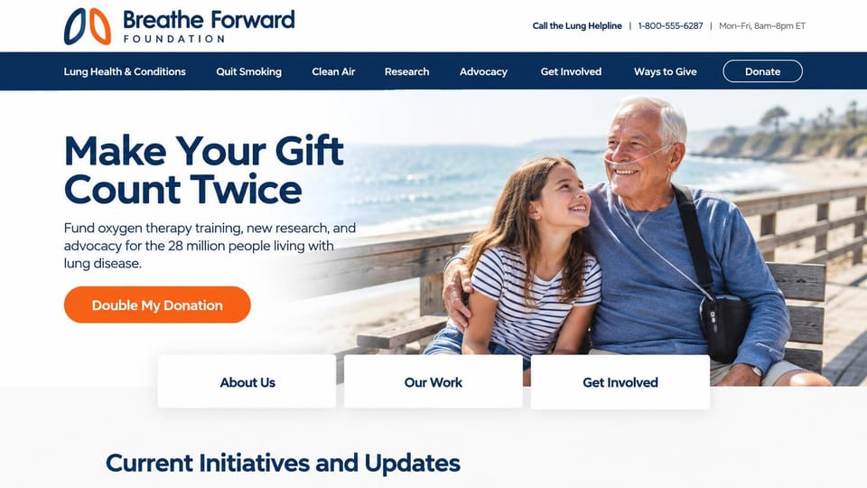 Nonprofit website design, health charity with a helpline in the header: white and navy, a grandfather and granddaughter on a seaside boardwalk, an orange donate button