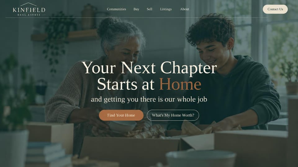 Real estate website design, first homes with a moving day photo: deep green overlay on two people unpacking boxes, a cream serif headline with one copper word