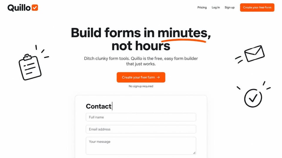 SaaS website design, form builder with hand-drawn doodles: white page, bold black headline with an orange underline, hand-drawn icons and a contact form preview