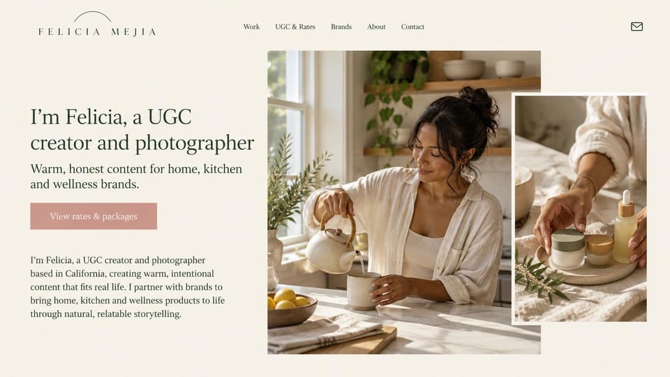 UGC portfolio website design, wellness creator with overlapping photos: cream page, dark green serif, rose button, a woman pouring tea in a sunny kitchen and a close-up of skincare jars