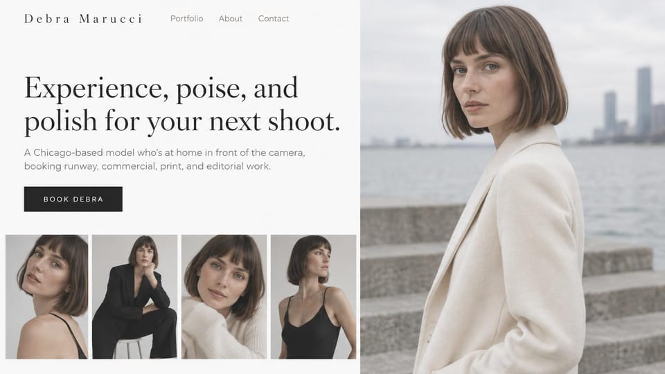 Model portfolio website design, commercial and print model by the waterfront: white page, a dark serif headline, a black booking button, four studio photos and a woman with a bob and bangs in a cream coat by a city waterfront
