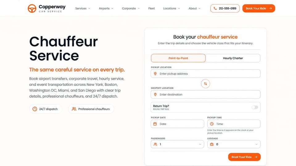 Car rental website design, car service across several cities: off-white page, black headline with an orange line, a booking form with point-to-point and hourly tabs, orange book button