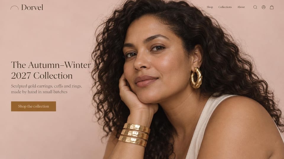 Jewelry website design, sculpted gold with a seasonal collection portrait: blush pink background, a woman with curly dark hair wearing twisted gold hoops and stacked hammered gold cuffs, dark serif headline, ochre shop button