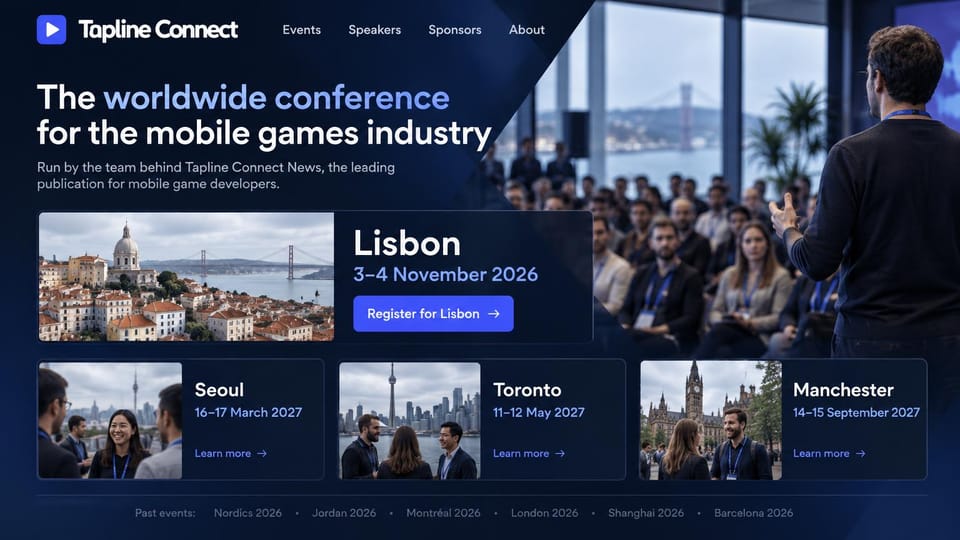 Event website design, mobile games conference with a card for each city: dark navy page, white and periwinkle headline, large card with a hillside city photo and blue register button, three smaller city cards, a speaker before an audience