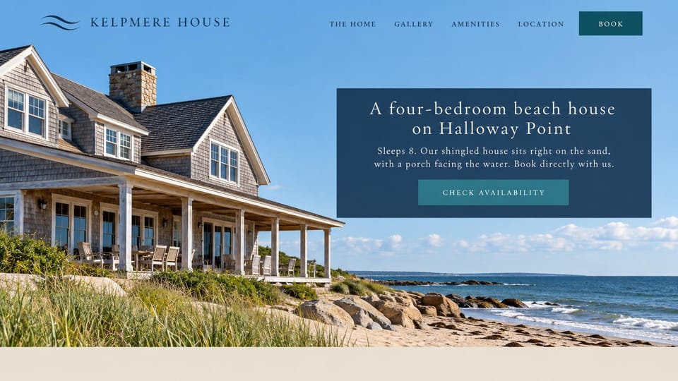 Vacation rental website design, beachfront house with a navy booking panel: bright blue sky, a shingled beach house with a long porch on the sand and rocks, a navy panel with a white serif headline and a teal button