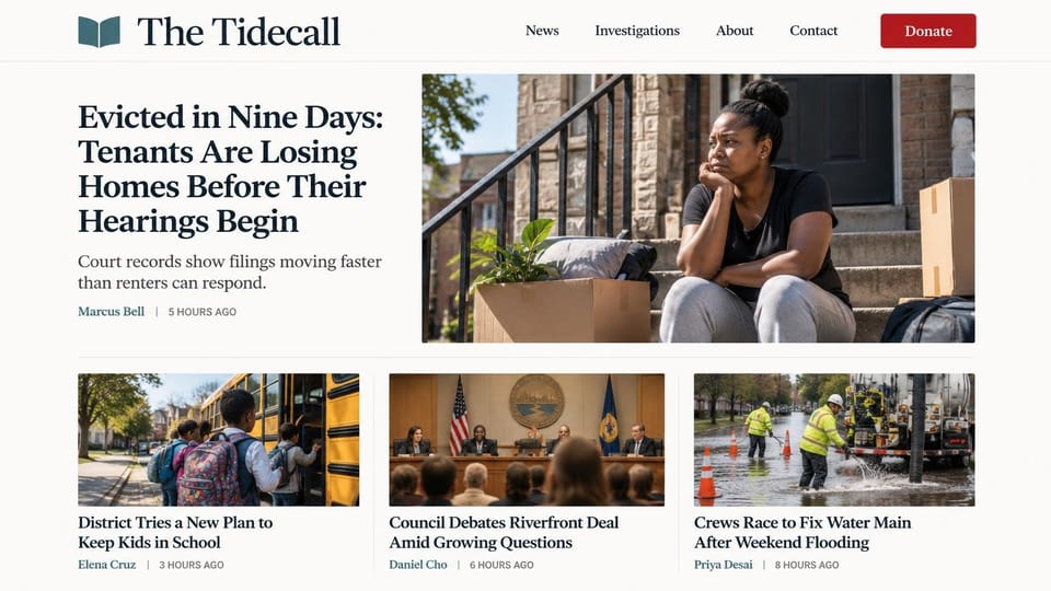 News and magazine website design, local investigations with a tenant story lead: warm white page, teal book logo, black serif type, a red donate button, a woman sitting on a stoop with moving boxes, three stories below about a school bus, a council and a flood crew
