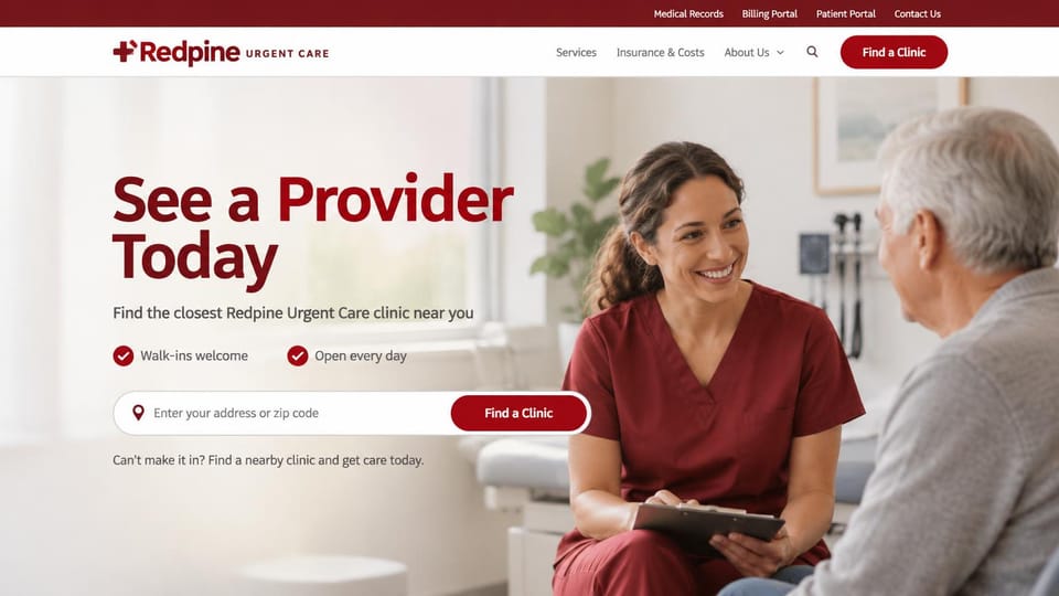 Medical practice website design, urgent care with a clinic finder up front: white and deep red, a large red headline and zip code search beside a smiling nurse in red scrubs talking with an older man