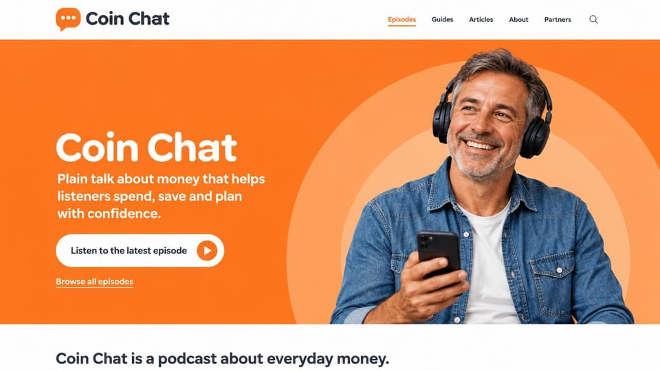 Podcast website design, money show in bright orange: bright orange hero, a smiling man in headphones holding a phone, a white headline and button