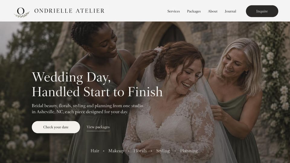 Wedding planner website design, all-in-one wedding studio with beauty and florals: ivory menu bar over a darkened photo of two women fixing a smiling bride's veil outside a stone chapel, a white serif headline, a cream date button and a row of services