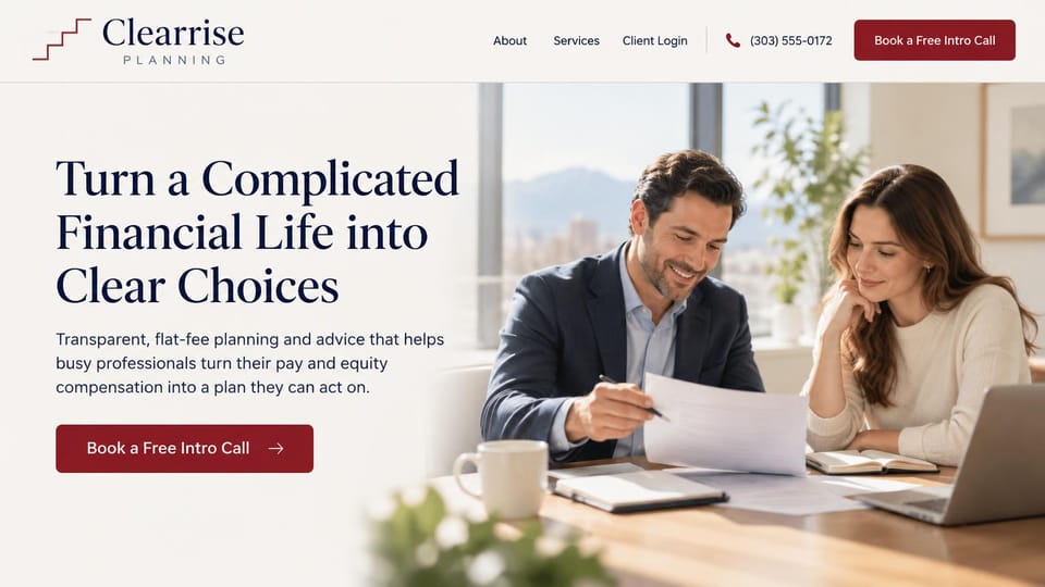 Financial advisor website design, flat-fee planning for professionals with equity pay: ivory page, large navy serif headline, burgundy intro call buttons and an advisor going over papers with a young woman by a window with a mountain view