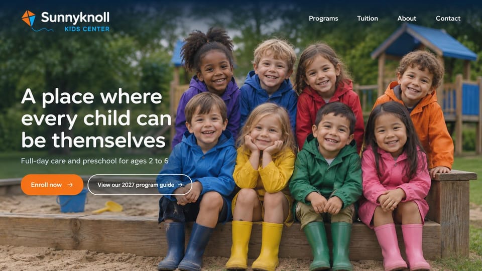 Daycare website design, full-day care with a class photo in rain boots: full-width photo of eight smiling children in bright rain jackets and boots on a sandbox edge, white bold headline, orange and outlined buttons