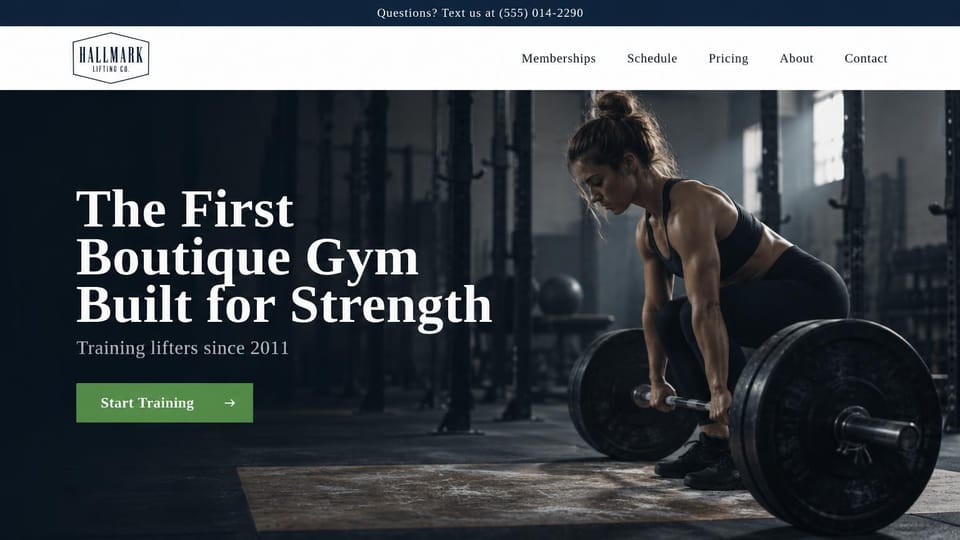 Business website design, boutique lifting gym with a serif headline: white header, a large white serif headline and a green button over a dark photo of a woman setting up a deadlift